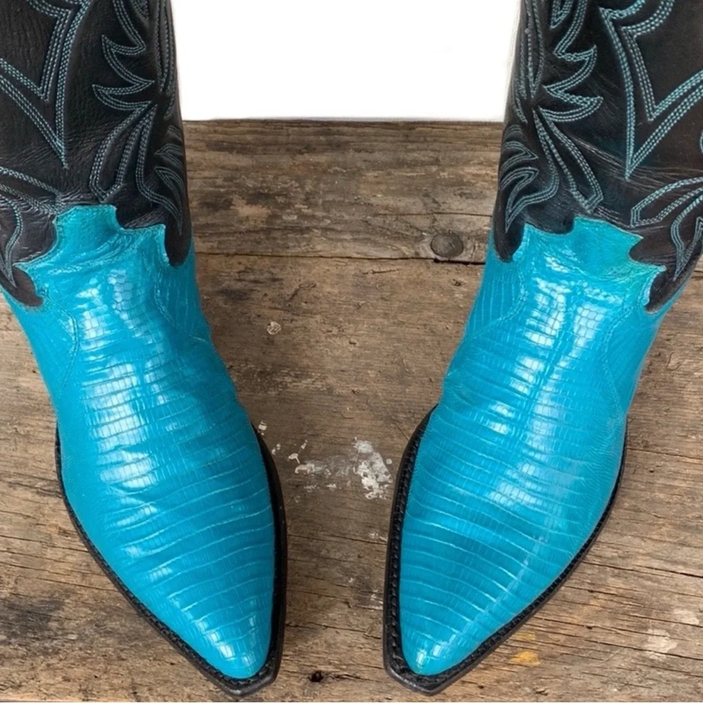 SOLD JUSTIN BOOTS Vintage Turquoise Black Cowboy Boots Cowgirl Western Womens 8 - Picture 3 of 7
